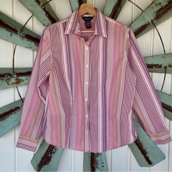 Van Heusen Shirt Womens Large Pink Multicolor Striped Button Up Long Sleeve Top - Picture 1 of 7